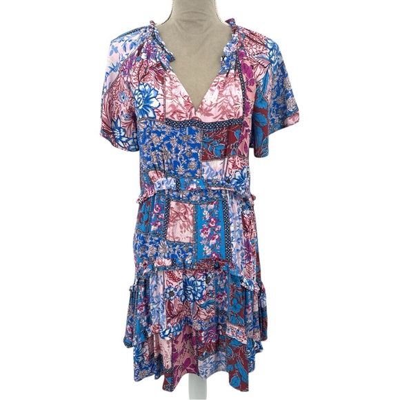 Anthropologie Robin Tiered Mini Dress Boho Floral Boho Floral - Pink Blue -Small - Picture 2 of 12